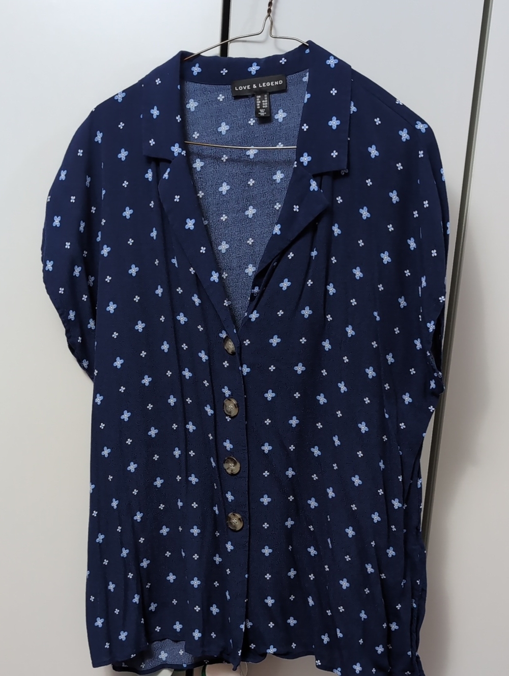 Love & Legend Navy Blue Short-Sleeve Button-Front Top with Light Blue Print